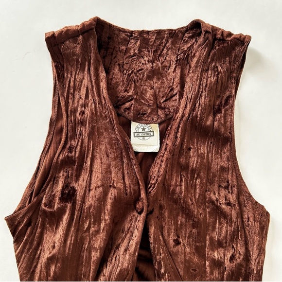 Vintage 90s Au Coton Crushed Velvet Tunic Vest One Button Closure Dark Brown s - Picture 2 of 15